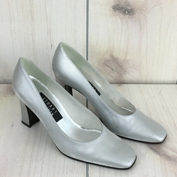 silver block heel shoes closed toe